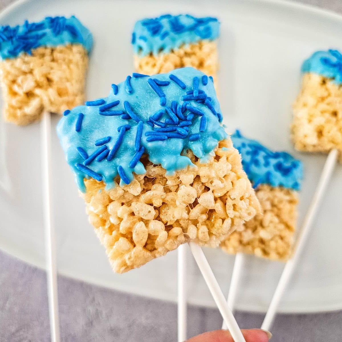 blue candy coated krispie pops featured image