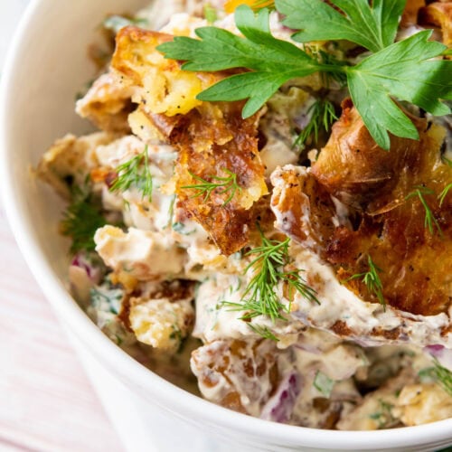 photo of the finished smashed potato salad