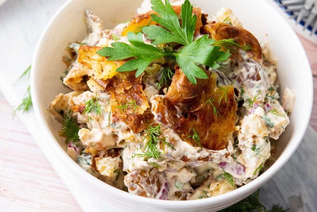 photo of the finished smashed potato salad