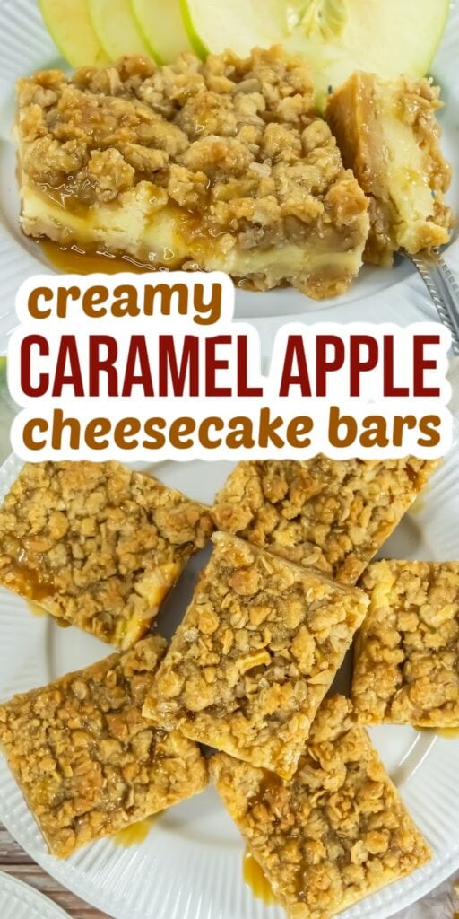 caramel apple cheesecake bars pin image