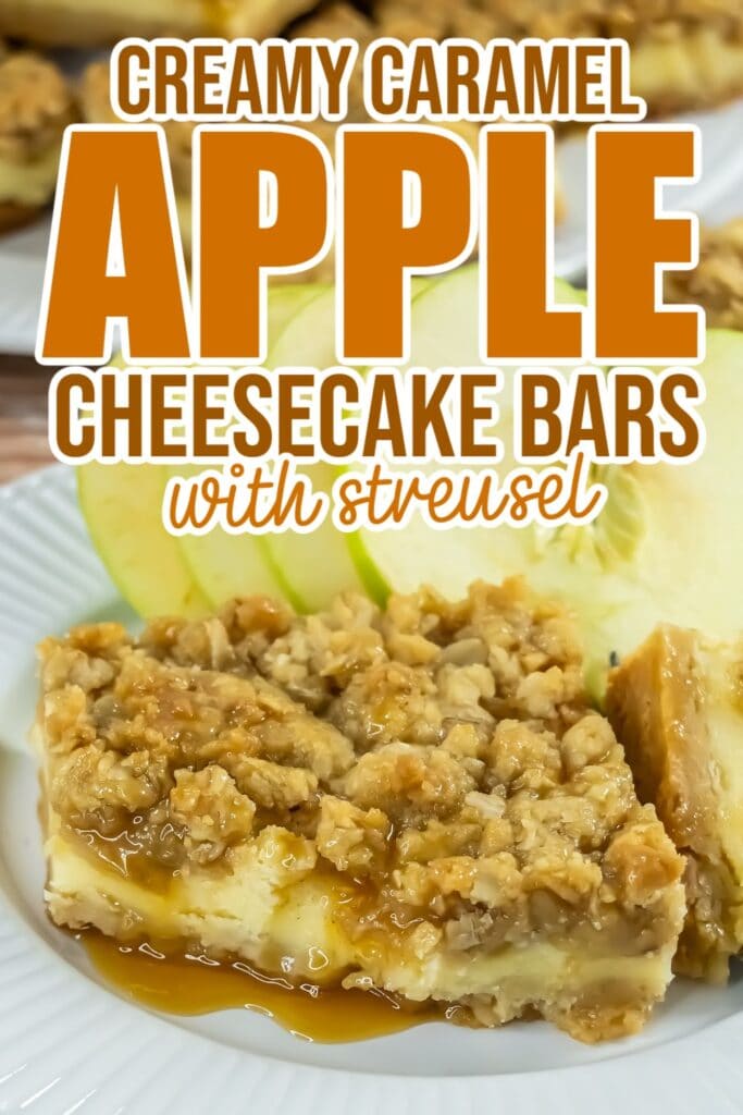 caramel apple cheesecake bars pin image