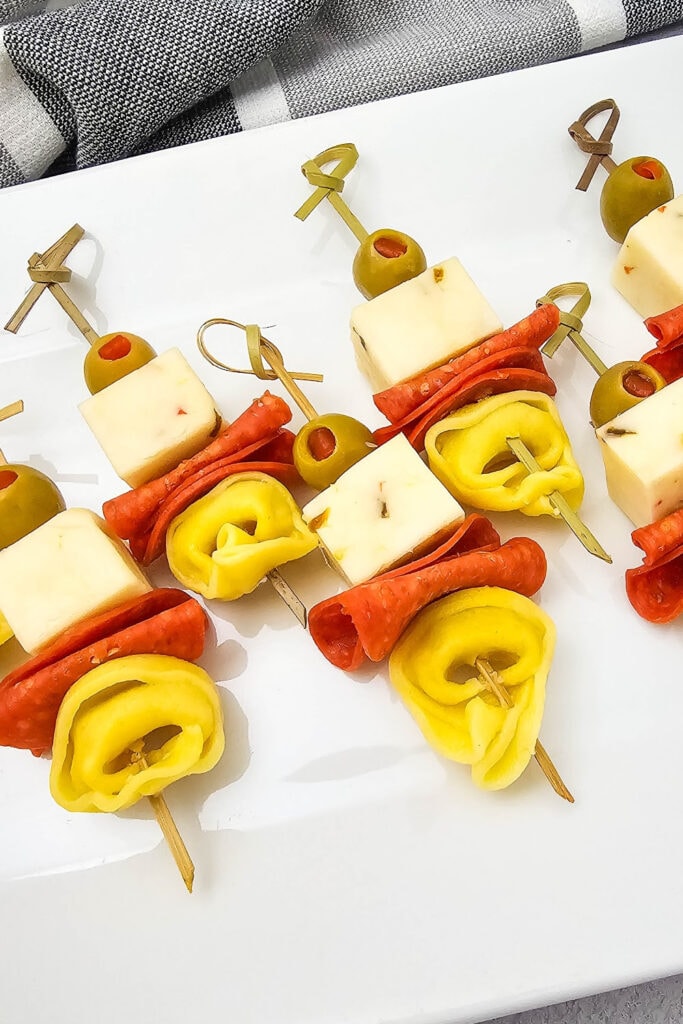 work party snacks - Cheesy Tortellini Skewers
