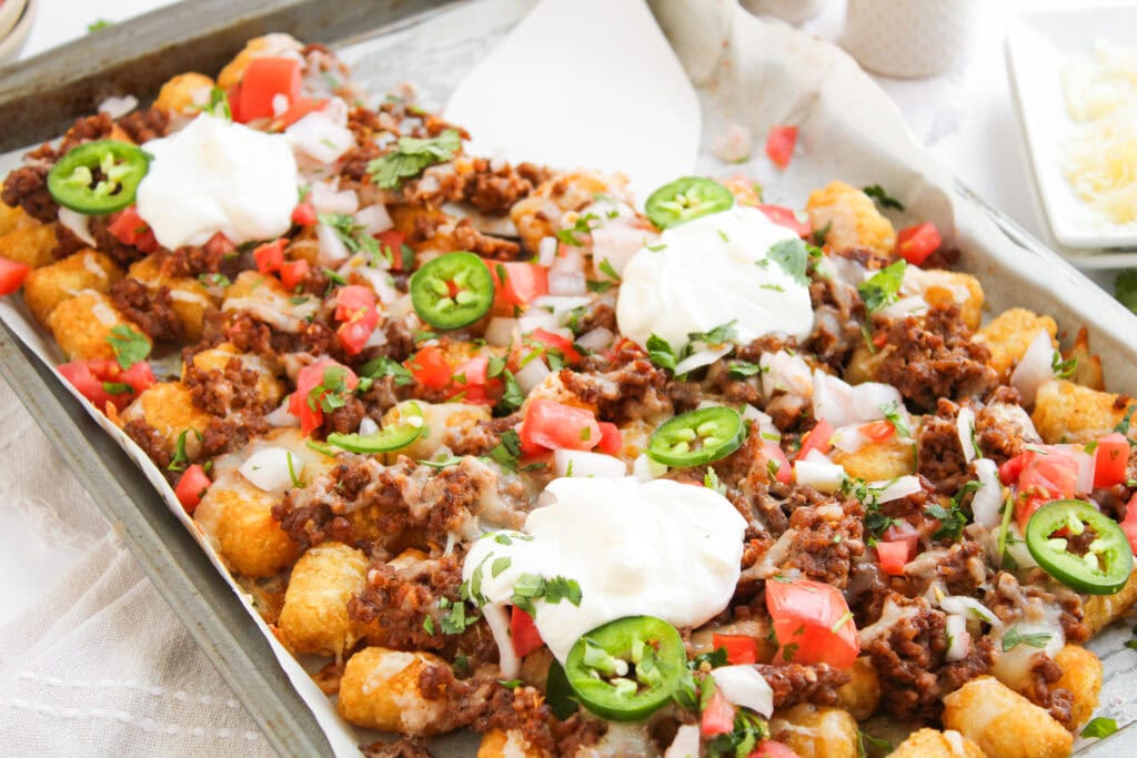 photo of the finished sheet pan beef tochos