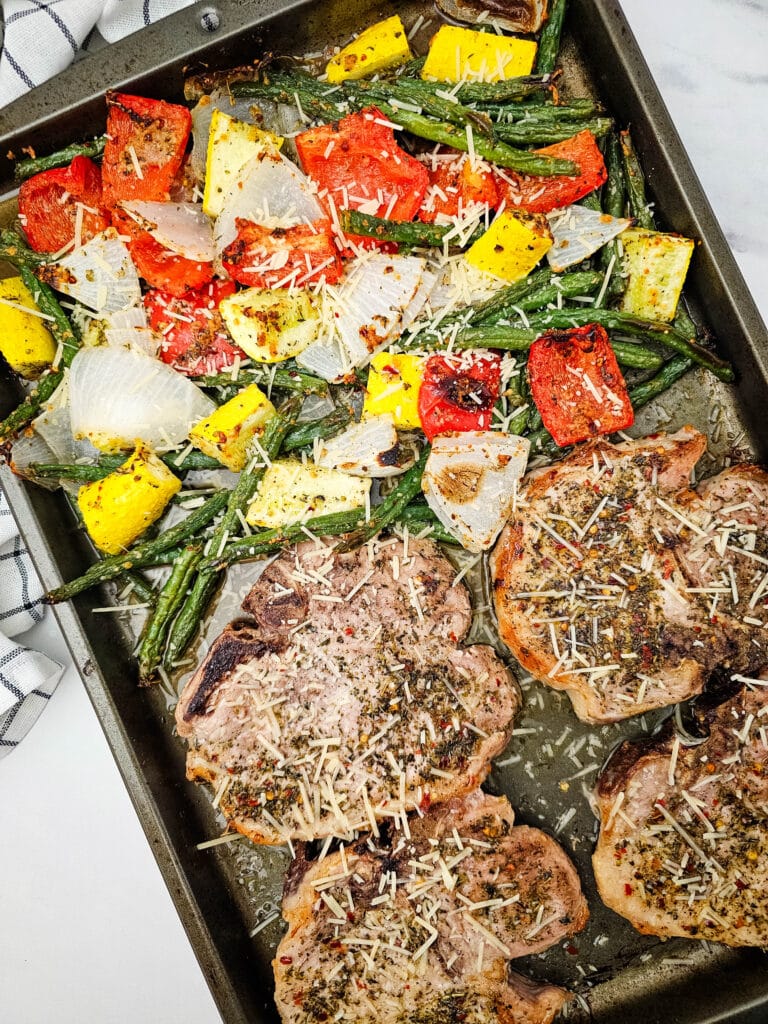 photo of the finished sheet pan italian pork chops