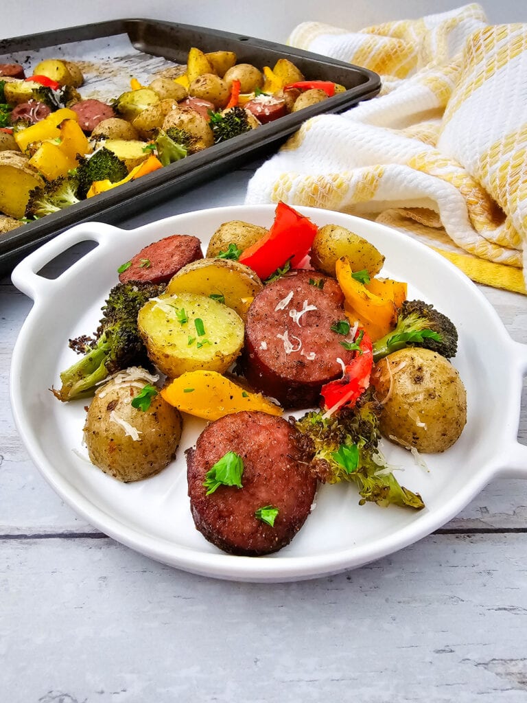 photo of the finished Sheet Pan Sausage and Veggies
