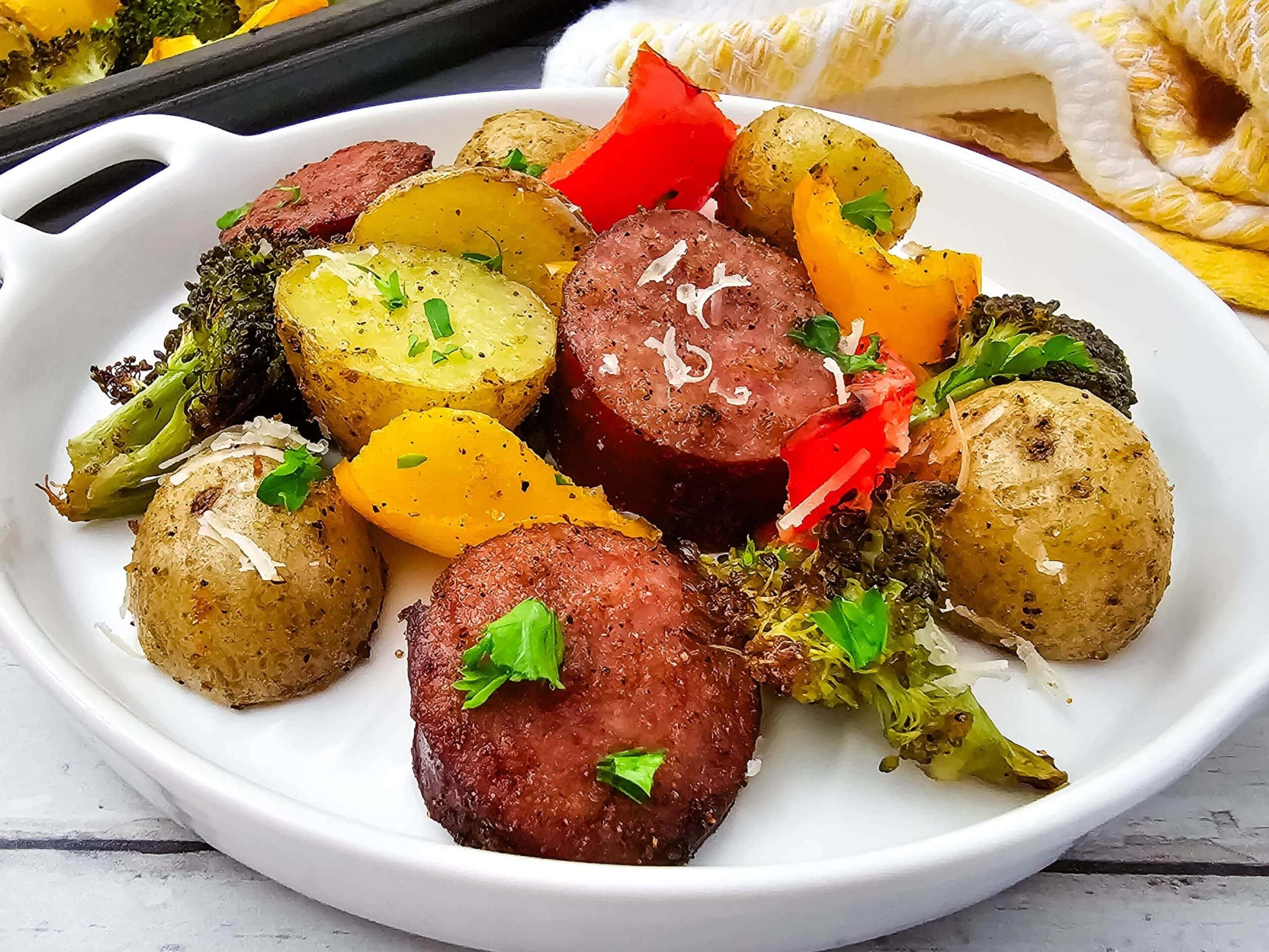 photo of the finished Sheet Pan Sausage and Veggies