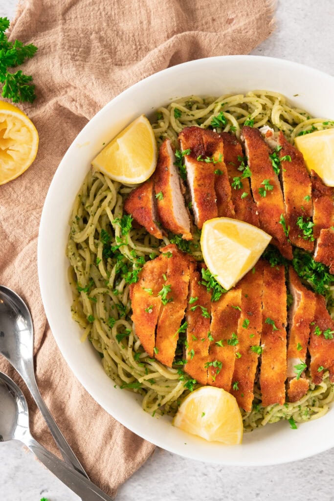 photo of the finished Crispy Lemon Garlic Chicken Spaghetti