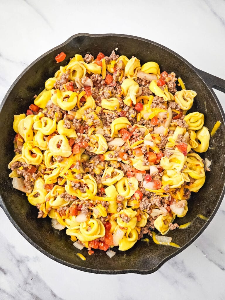Skillet Bacon Cheeseburger Tortellini Process Photo