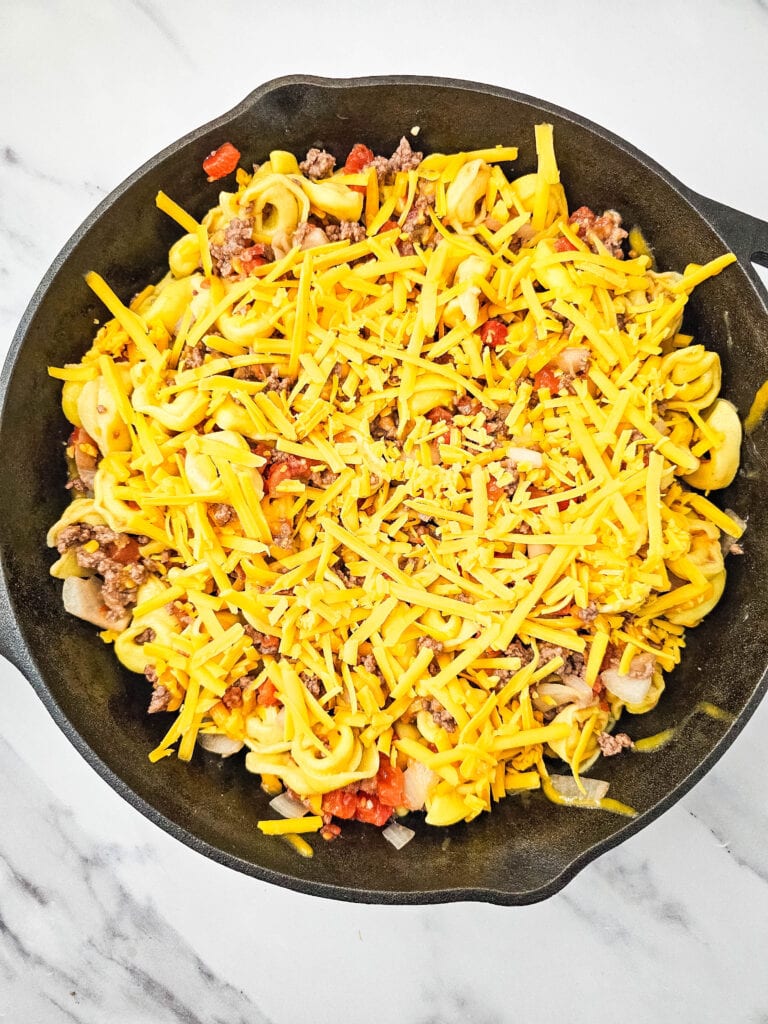 Skillet Bacon Cheeseburger Tortellini Process Photo