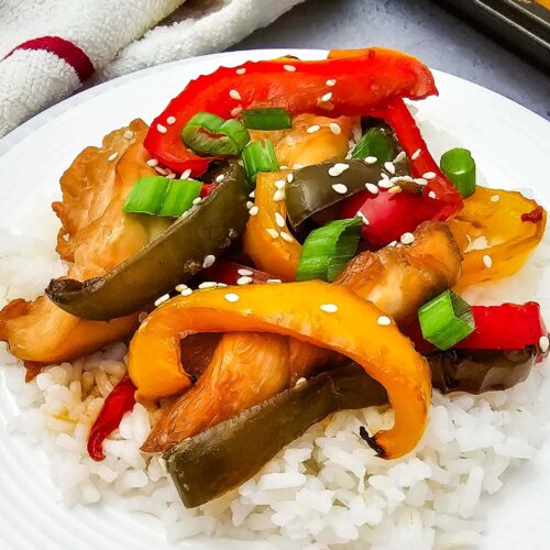 photo of the finished Sheet Pan Teriyaki Chicken and Peppers