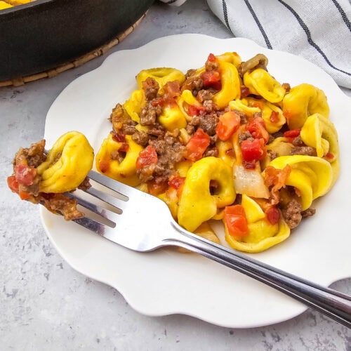 photo of the finished Skillet Bacon Cheeseburger Tortellini