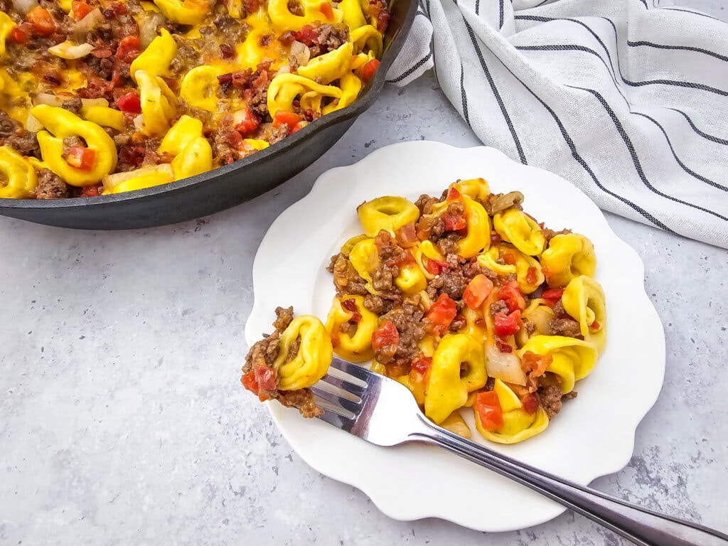 photo of the finished Skillet Bacon Cheeseburger Tortellini