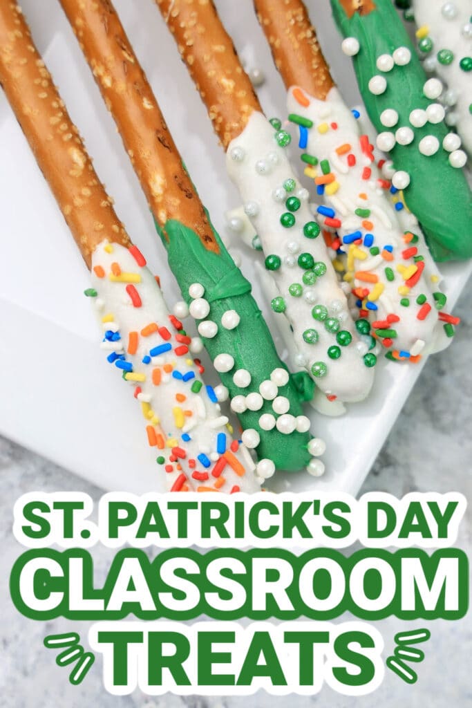 st. patrick day classroom treats - St. Patrick’s Day Pretzel Rods