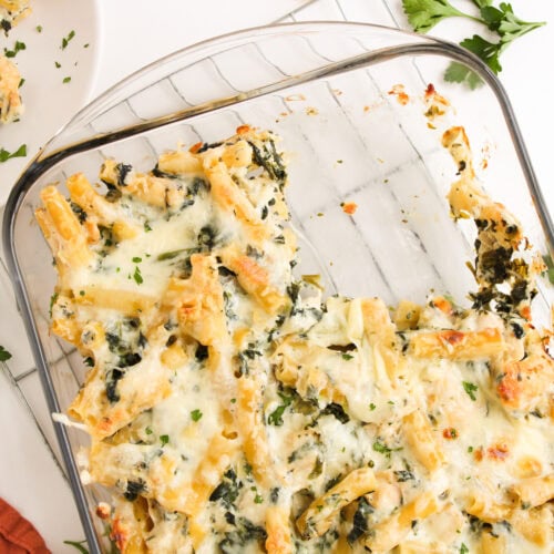 photo of the finished Spinach Artichoke Chicken Casserole