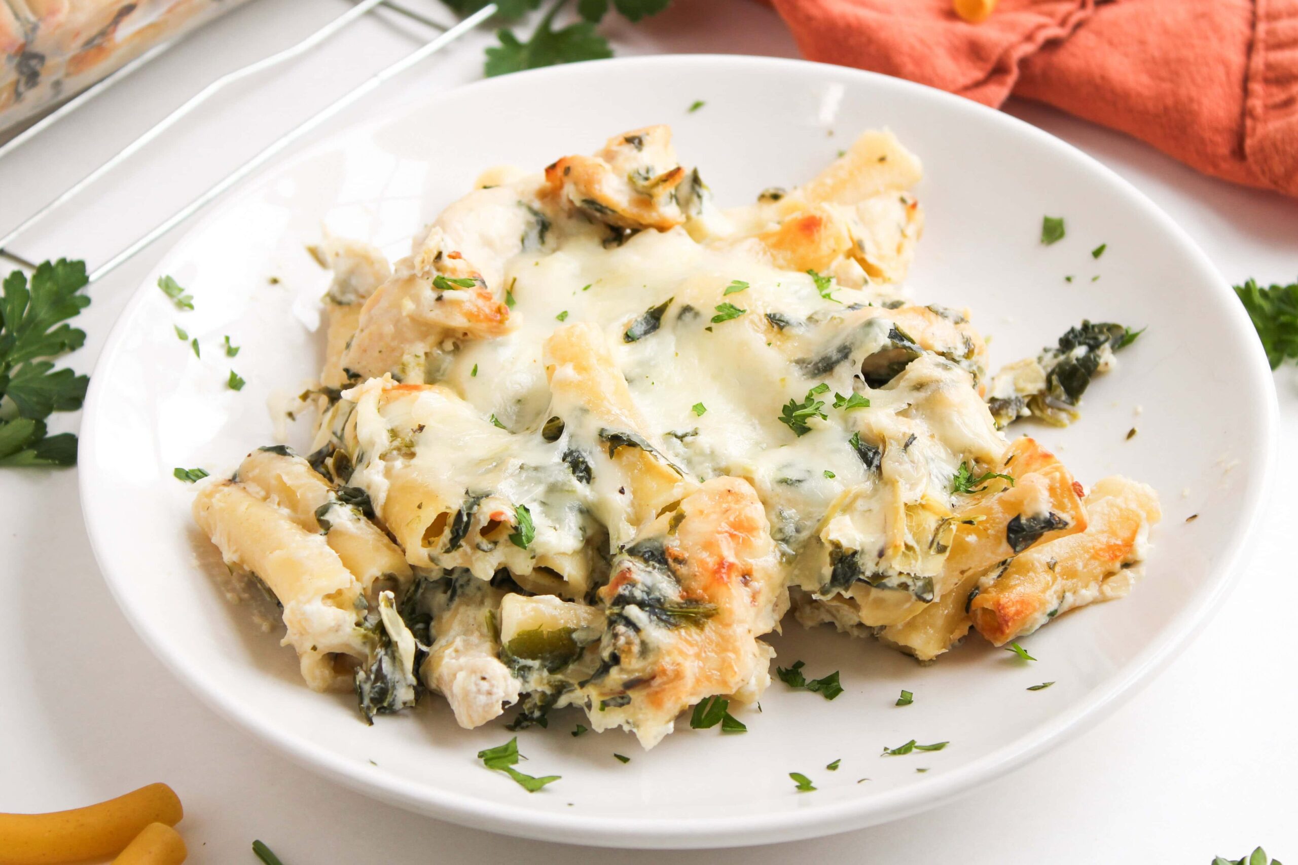 photo of the finished spinach artichoke chicken casserole
