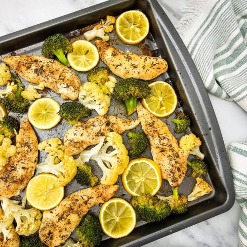 photo of the finished Sheet Pan Lemon Chicken and Veggies