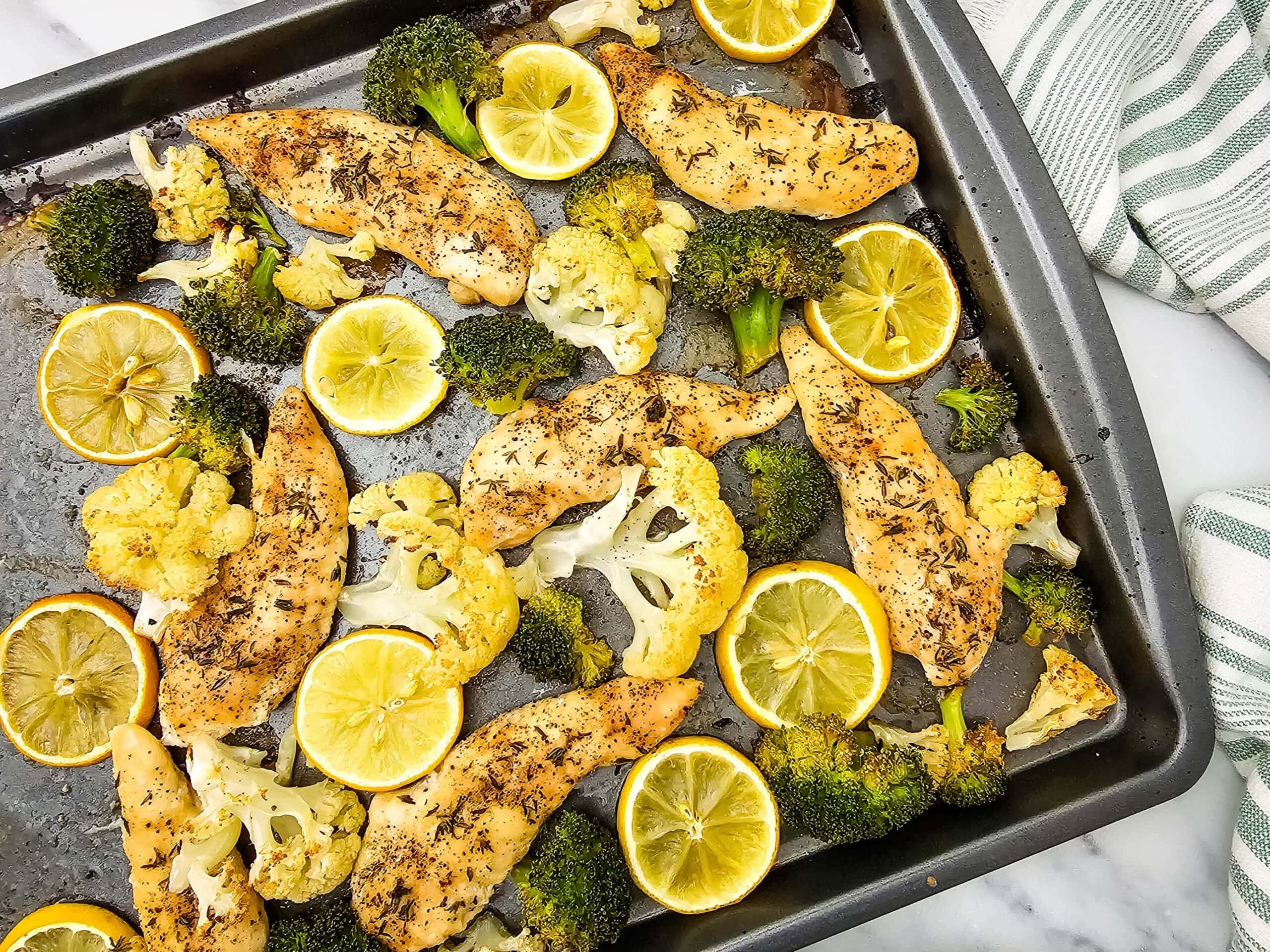 photo of the finished Sheet Pan Lemon Chicken and Veggies