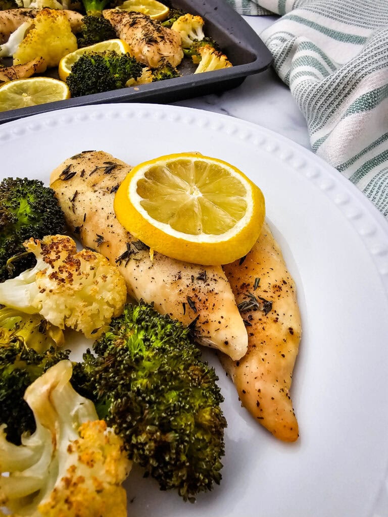 photo of the finished Sheet Pan Lemon Chicken and Veggies