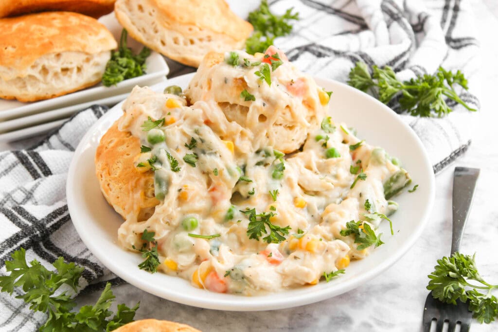 Chicken Pot Pie over Biscuits