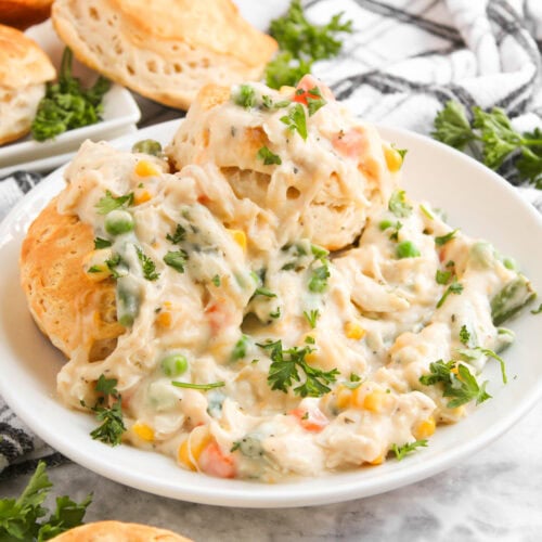 Chicken Pot Pie over Biscuits