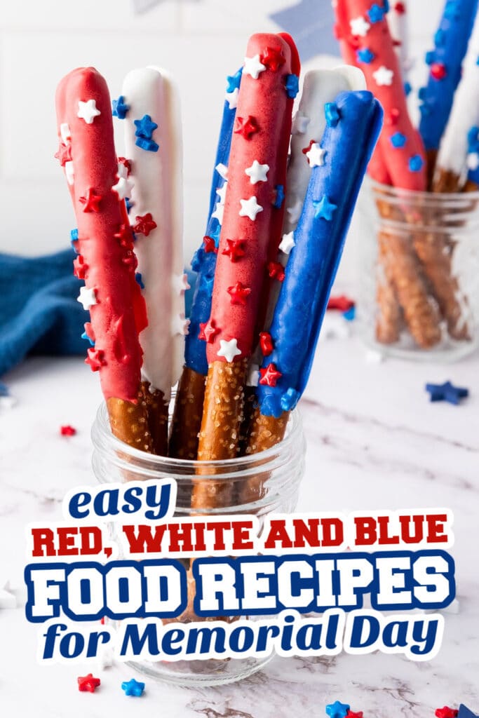red, white and blue recipes for memorial day - Firecracker Pretzel Rods