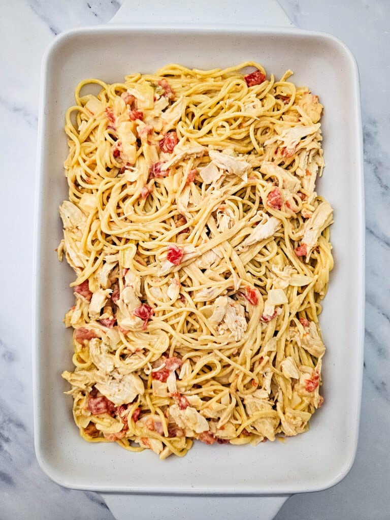 Cheesy Rotel Chicken Spaghetti Process Photo