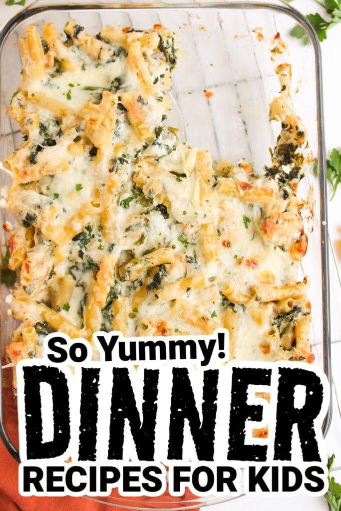 dinner recipes for kids - Creamy Spinach Artichoke Chicken Pasta Casserole