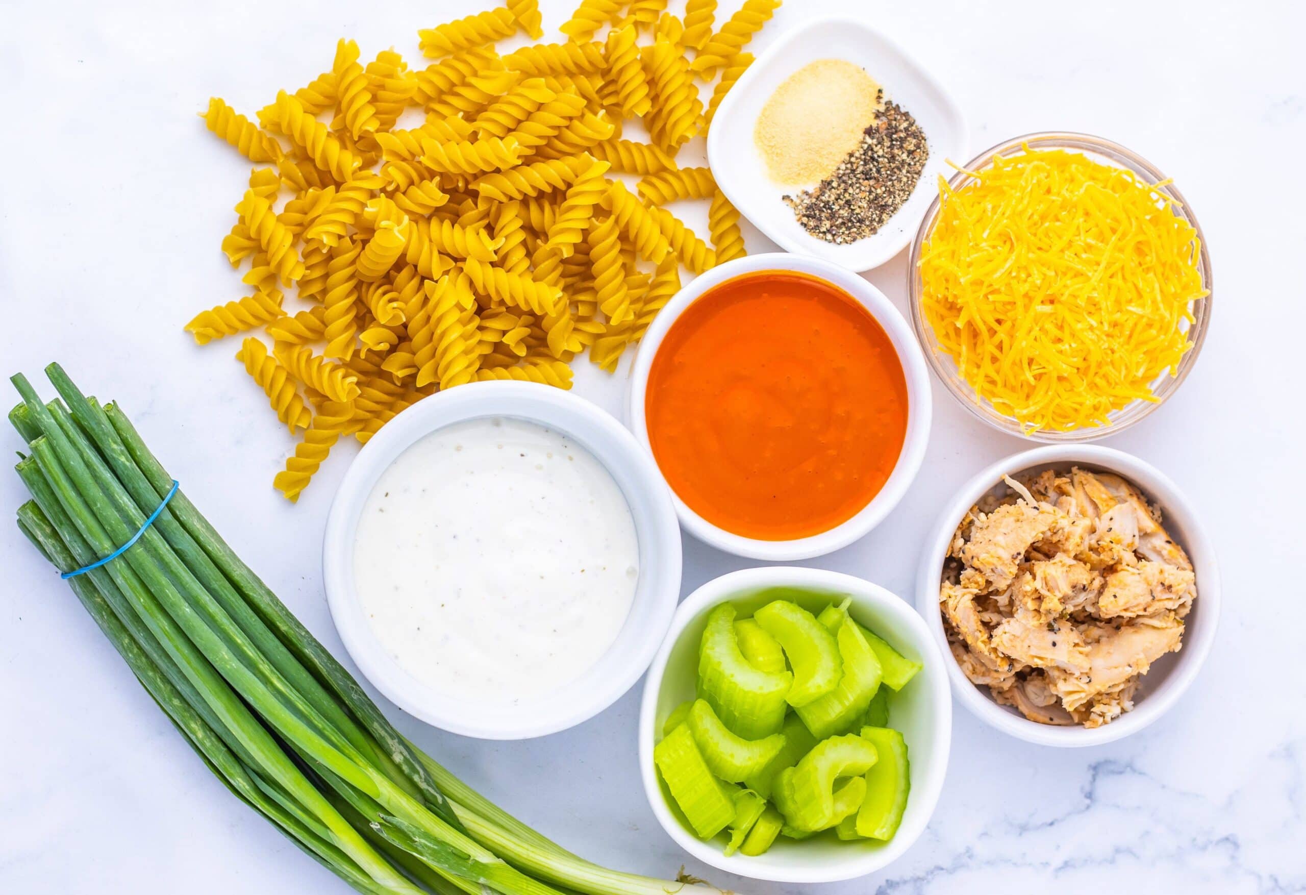 Buffalo Chicken Pasta Salad Process Ingredients