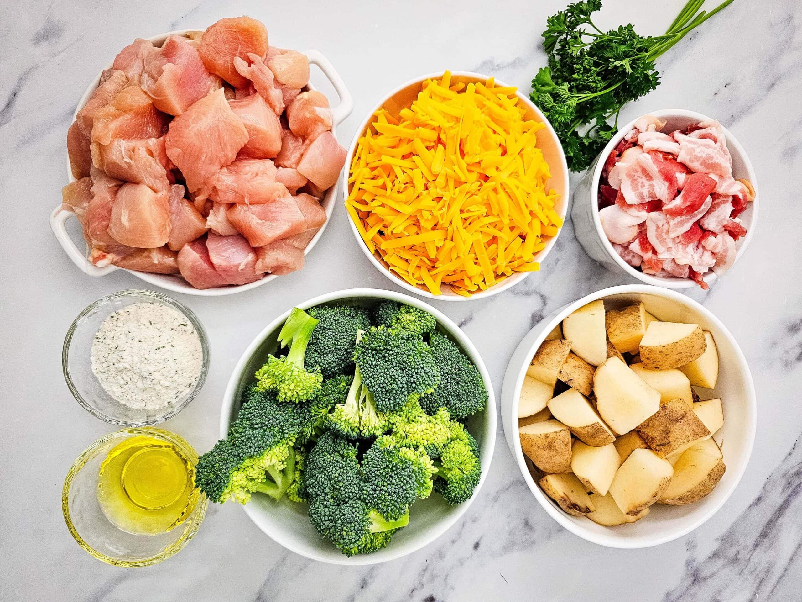 Cheesy Chicken Bacon Ranch Sheet Pan Meal Process Ingredients