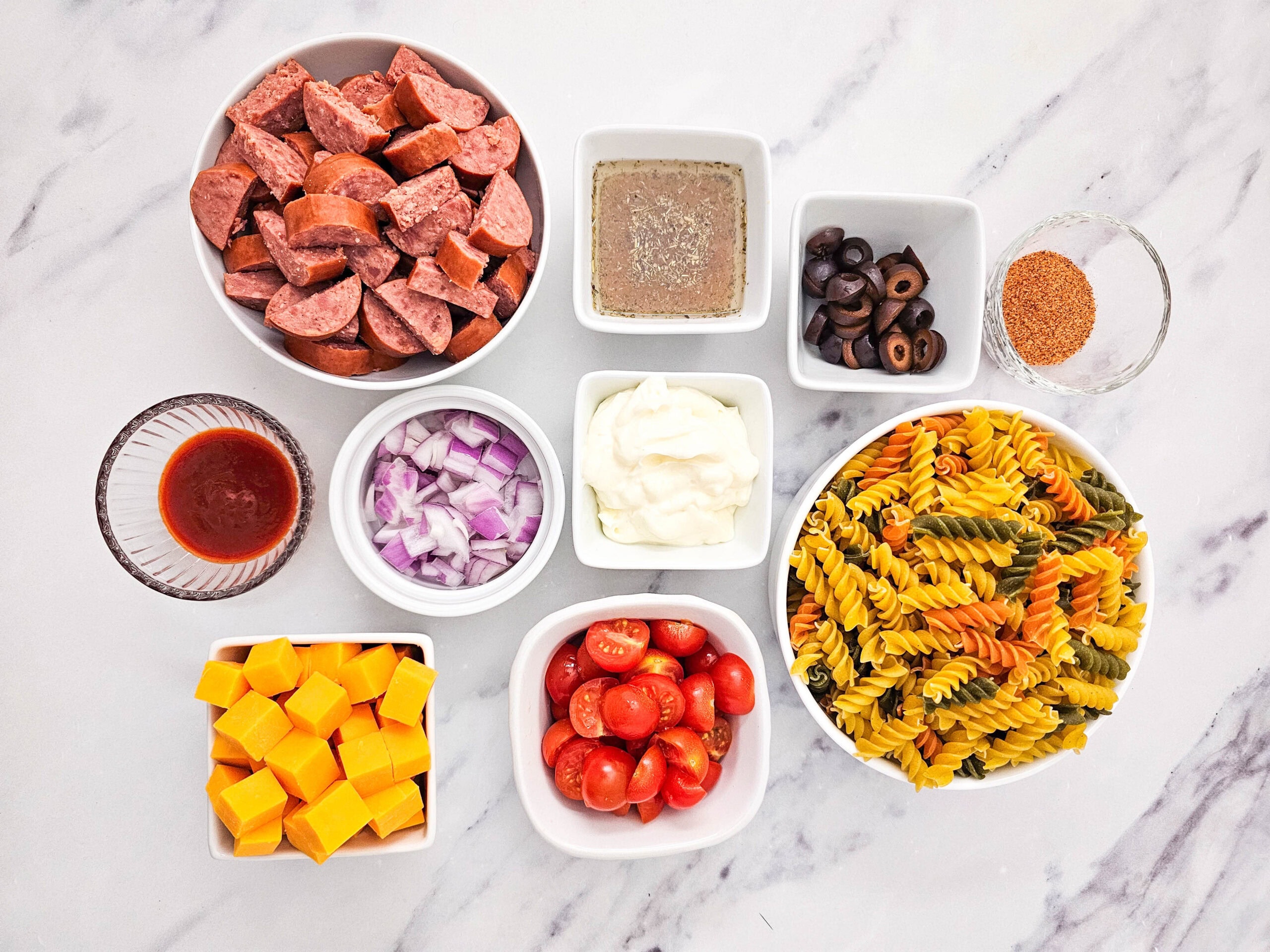 Smoked Sausage Pasta Salad Process Ingredients