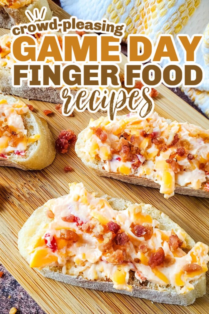 game day finger foods -Pimento Cheese and Bacon Crostini