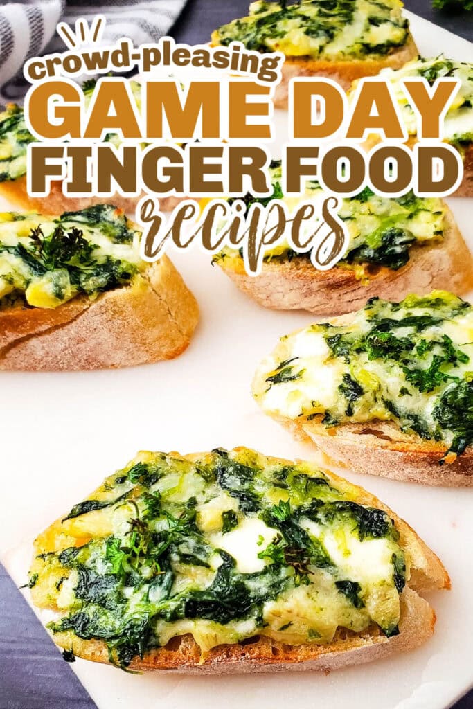 game day finger foods -Spinach Artichoke Crostini