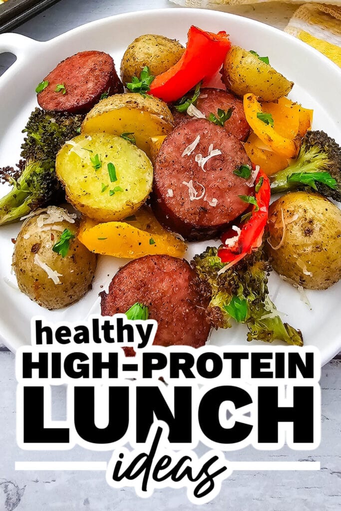 high protein lunch ideas -Healthy Sheet Pan Sausage with Veggies