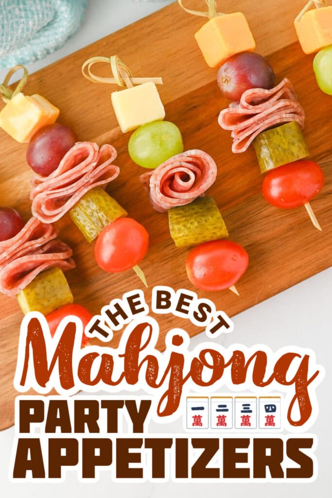 mahjong party food ideas - Charcuterie Skewers with Cheese, Salami, and Fruit