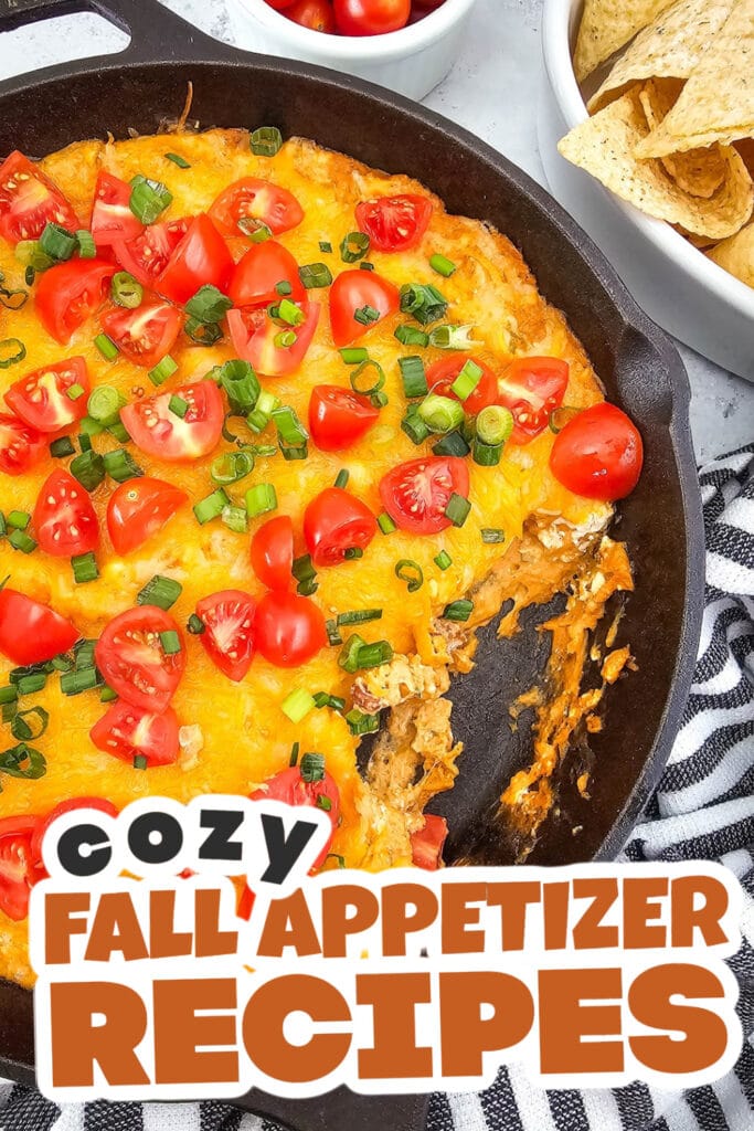 Fall Appetizers-Cheesy Texas Trash Dip in a Skillet