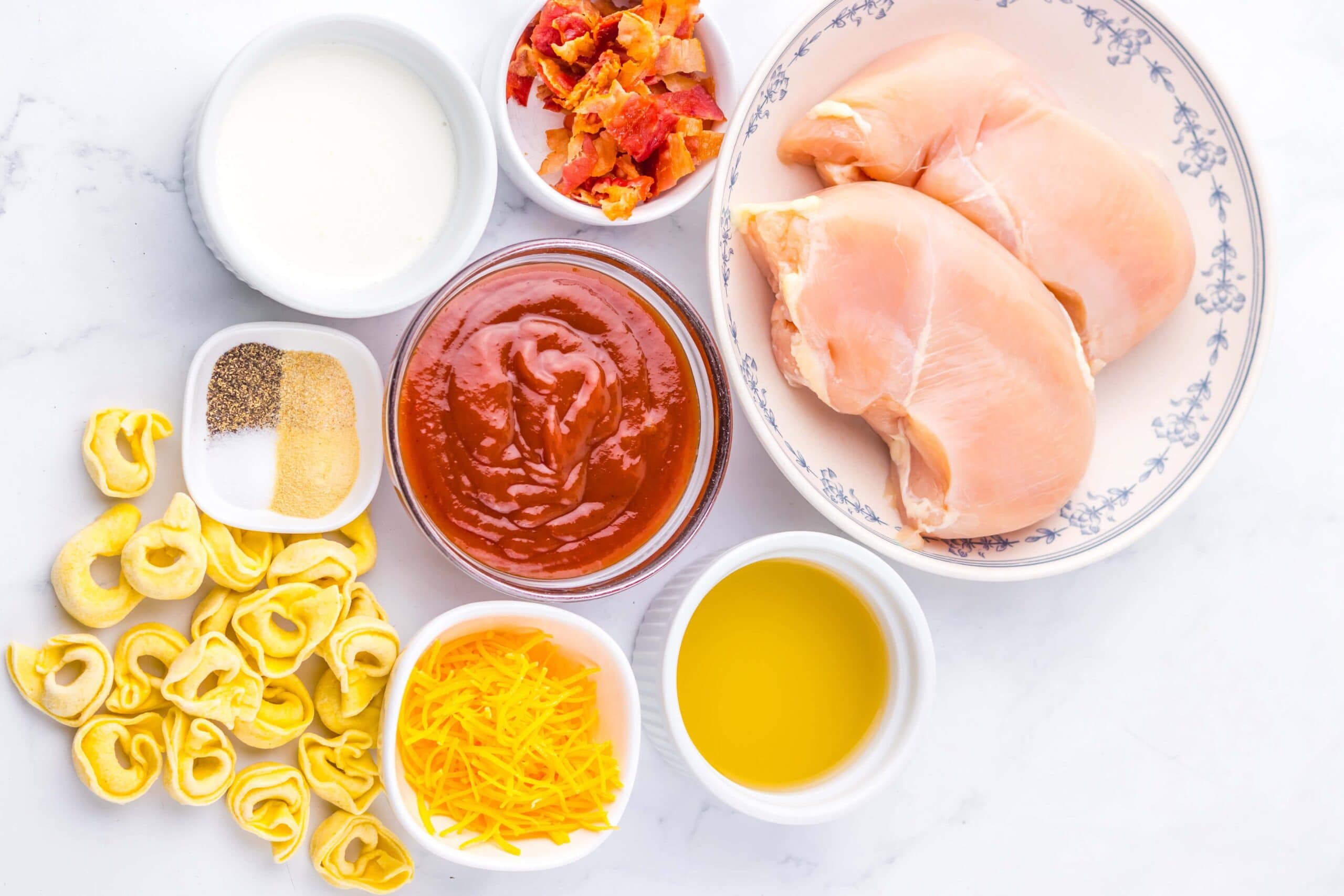 Slow Cooker Cheesy BBQ Bacon Chicken Tortellini Process Ingredients