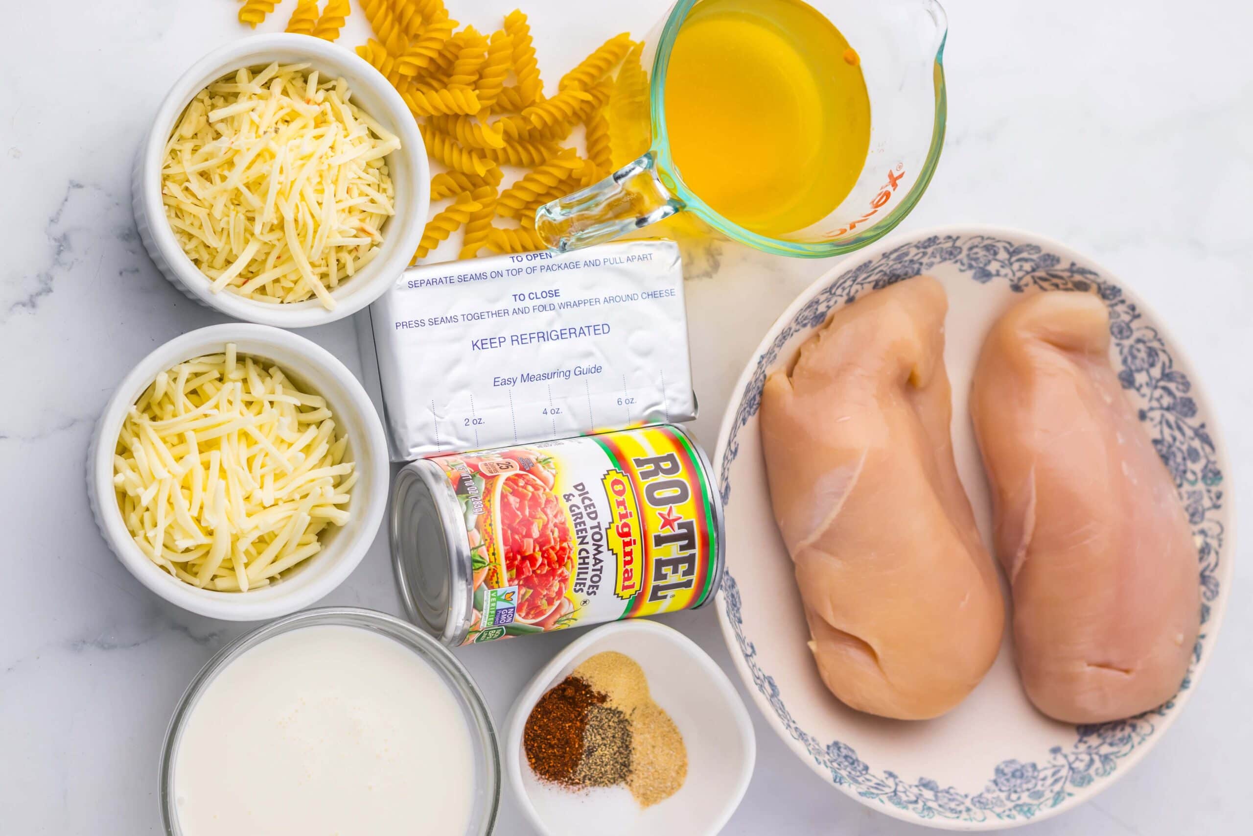 Slow Cooker Creamy Queso Chicken Pasta Process Ingredients