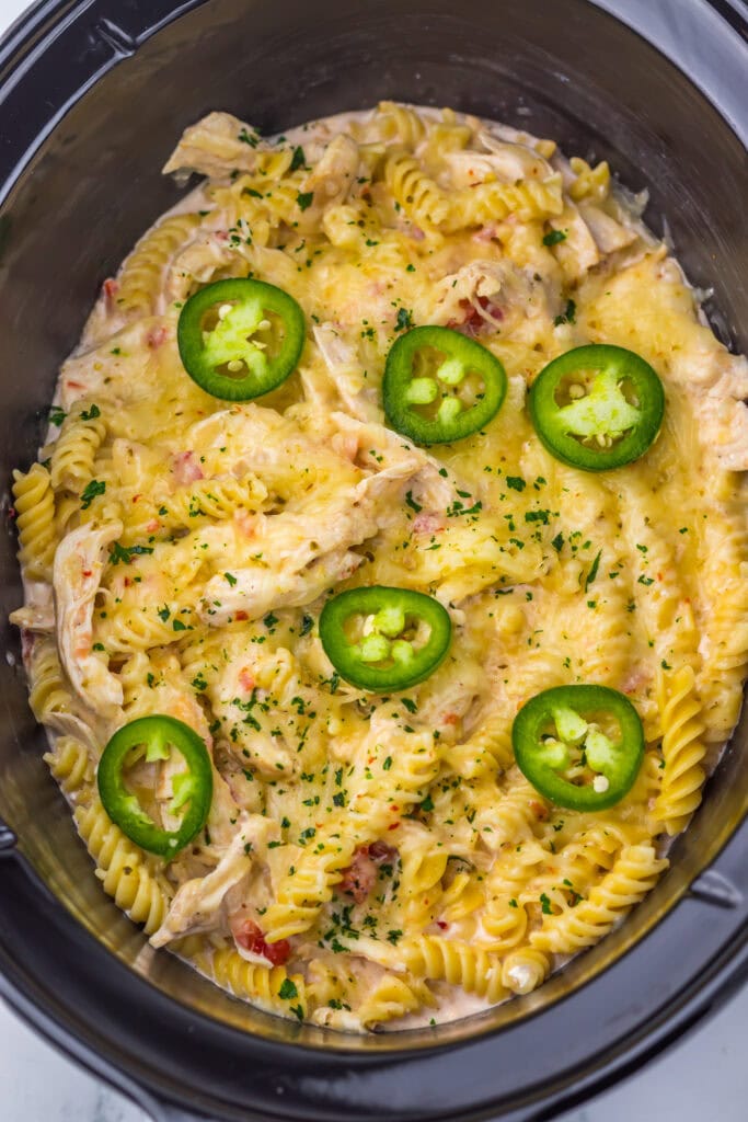 Slow Cooker Creamy Queso Chicken Pasta Process Photo