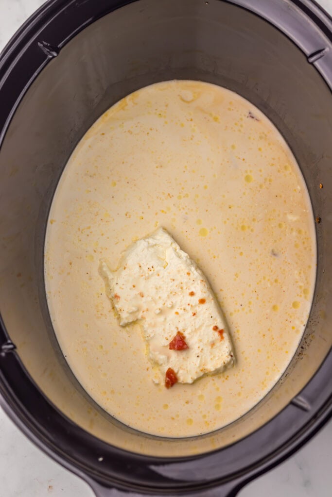 Slow Cooker Creamy Queso Chicken Pasta Process Photo