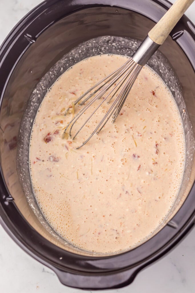 Slow Cooker Creamy Queso Chicken Pasta Process Photo