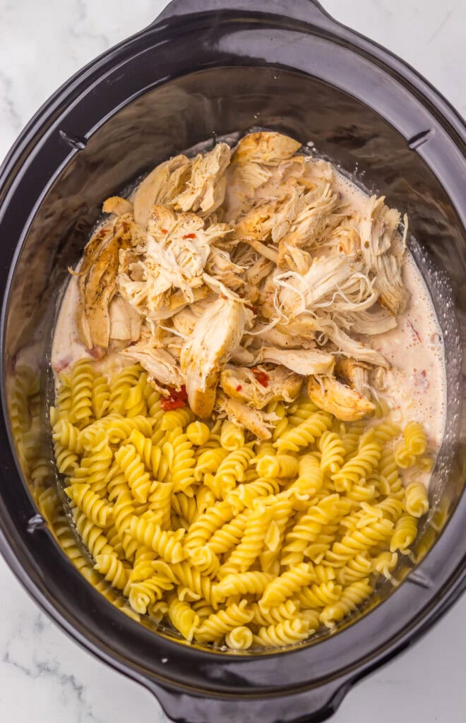 Slow Cooker Creamy Queso Chicken Pasta Process Photo