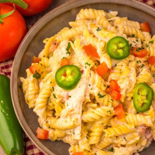Slow Cooker Creamy Queso Chicken Pasta