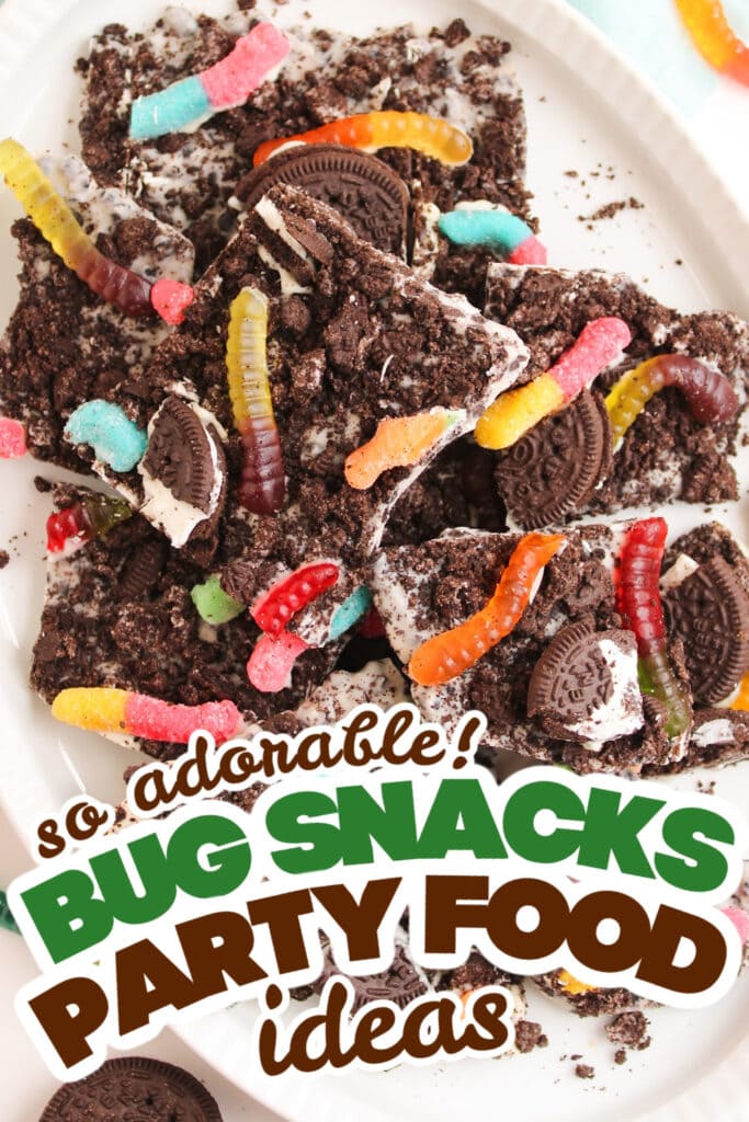 bug snacks party food ideas - Gummy Worms Dirt Cake Bark