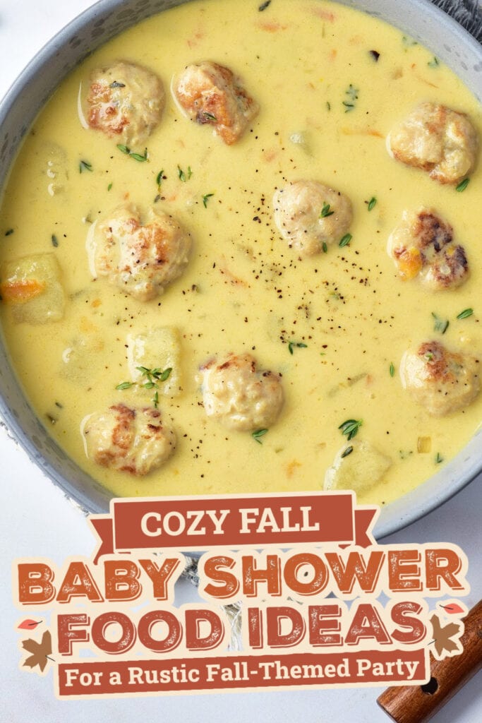 fall themed baby shower food ideas -Cheesy Turkey Meatball Soup