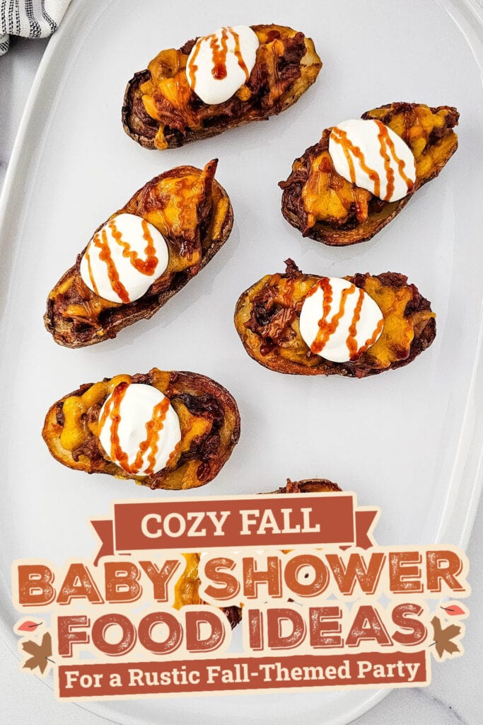fall themed baby shower food ideas -Crispy Pulled Pork and Cheese Potato Skins