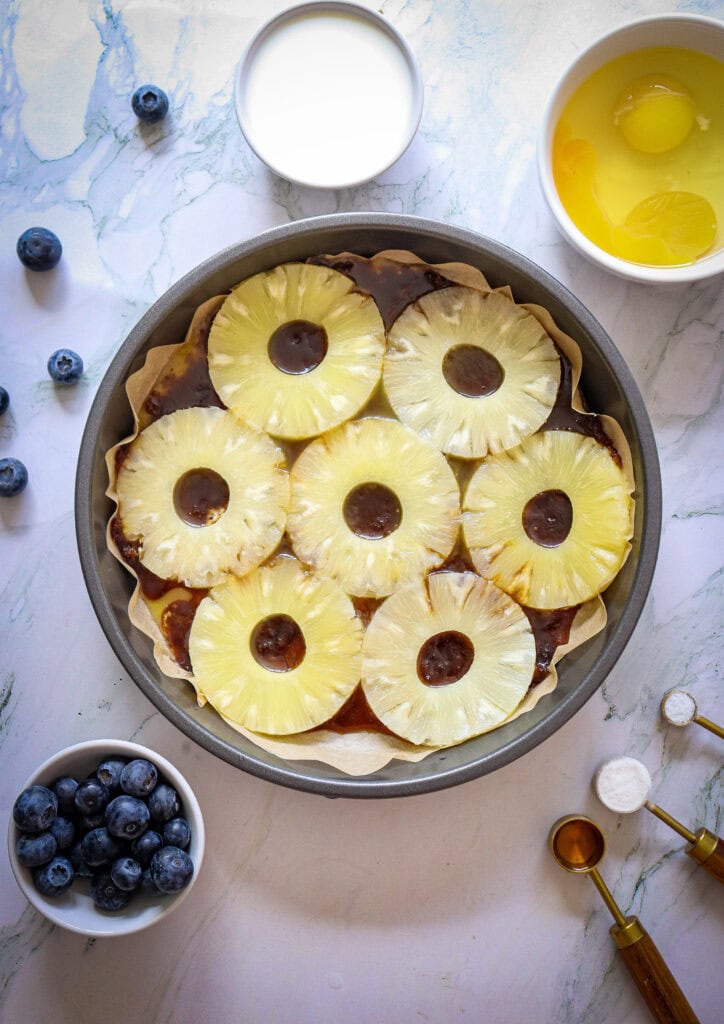 Pineapple Upside-Down Cake with Blueberries Process Photo