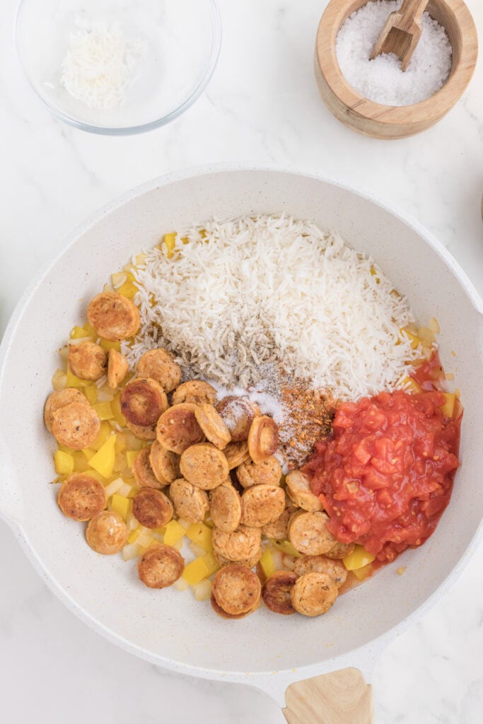 One pot Cajun Chicken Sausage and Rice Casserole Process Photo
