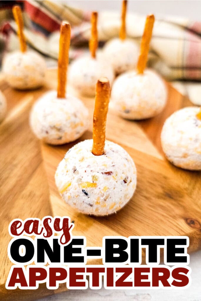 One Bite Appetizers- Cheeseball Bites on Pretzel Sticks
