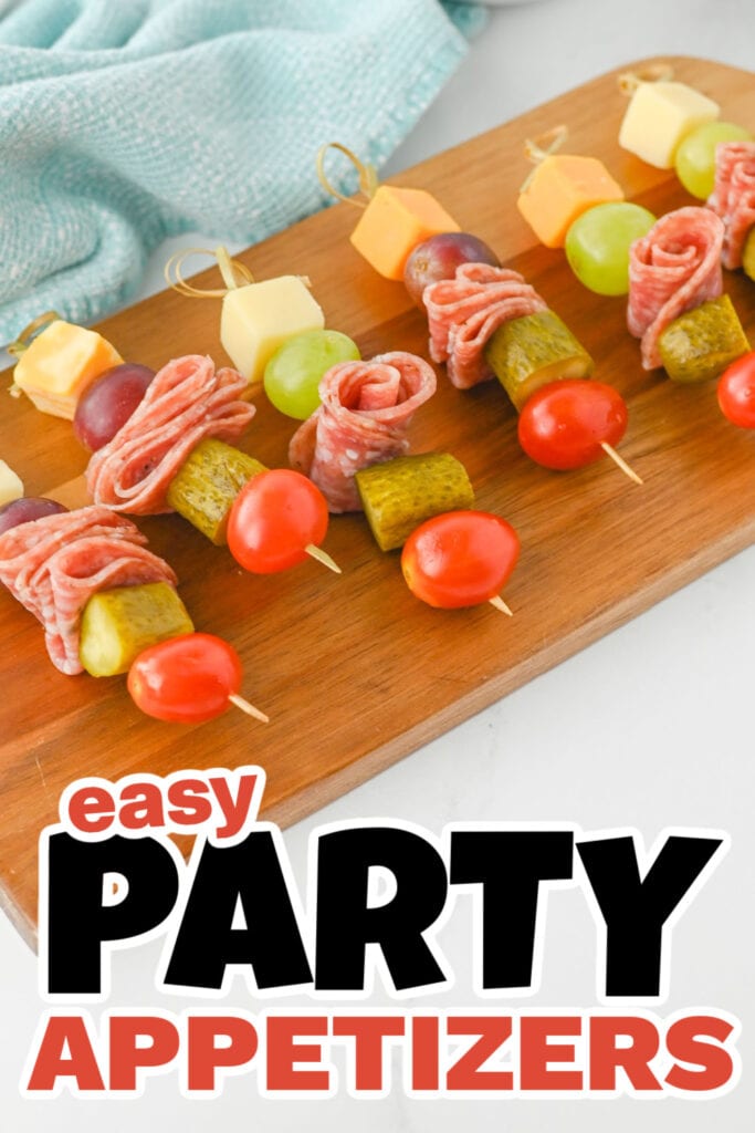 Party Food Appetizers-Charcuterie Skewers with Cheese, Salami, and Fruit