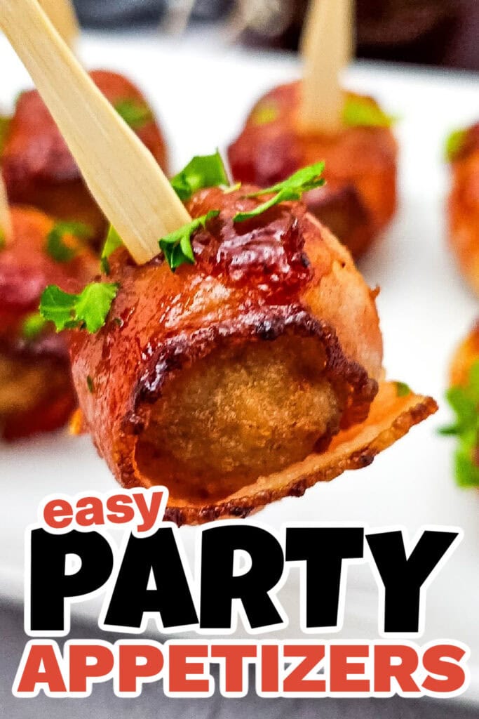 Party Food Appetizers-Juicy BBQ Bacon Wrapped Meatballs